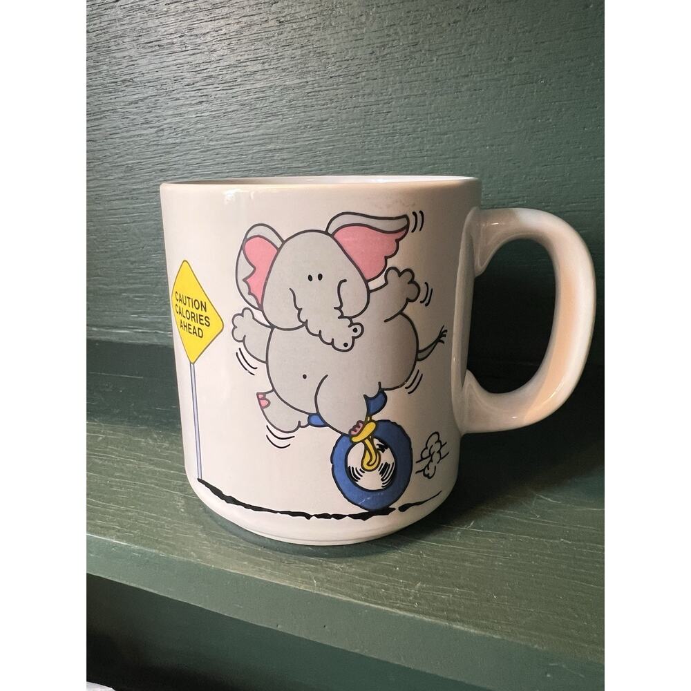 "Caution Calories Ahead" Coffee Mug - Ceramic Cup - Elephant Unicycle - Vintage